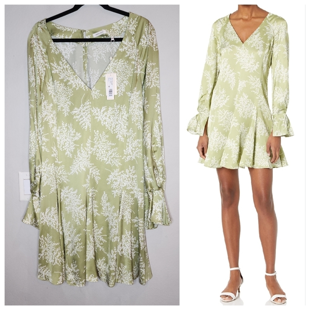 NWT Rebecca Taylor Godet Green Fern Floral Silky Satin‎ Dress Size 14